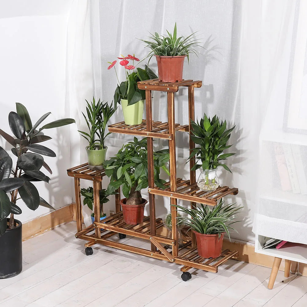 Ljustra Wooden Plant Stand with Wheels Multi-Tier Rolling Display Rack