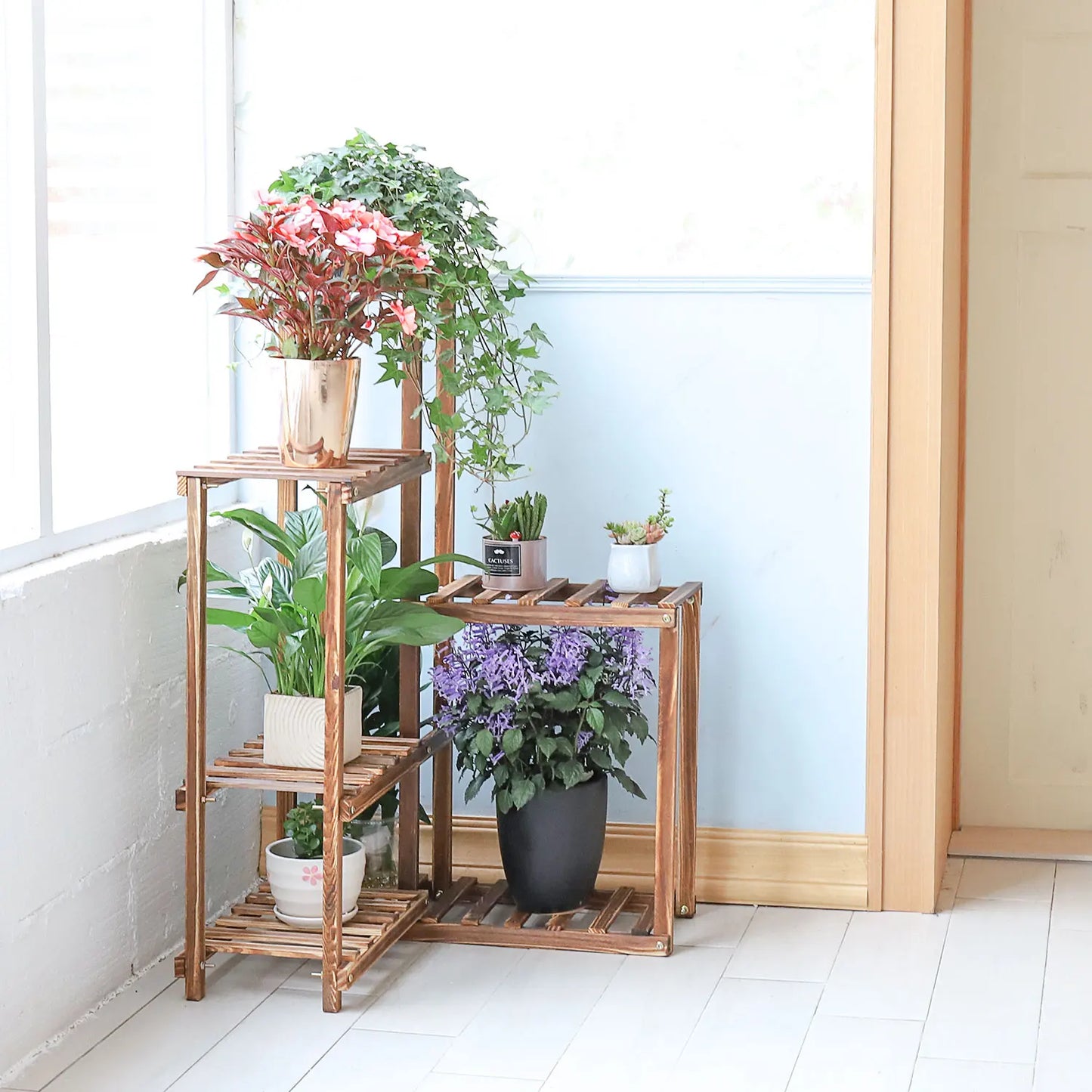6 Tier Wood Plant Corner Stand Indoor Outdoor Display Shelf Rack