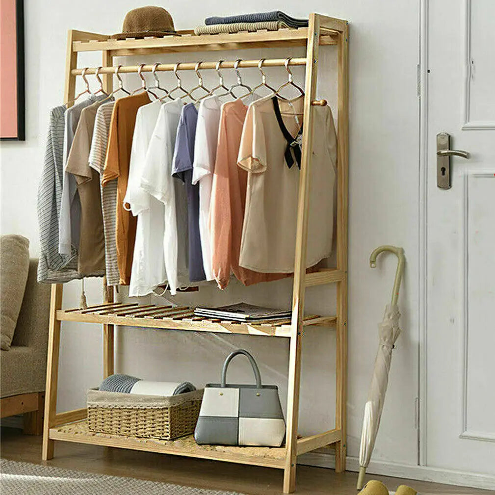 Ljustra Heavy Duty Bamboo Garment Rack with Shelves and Hooks