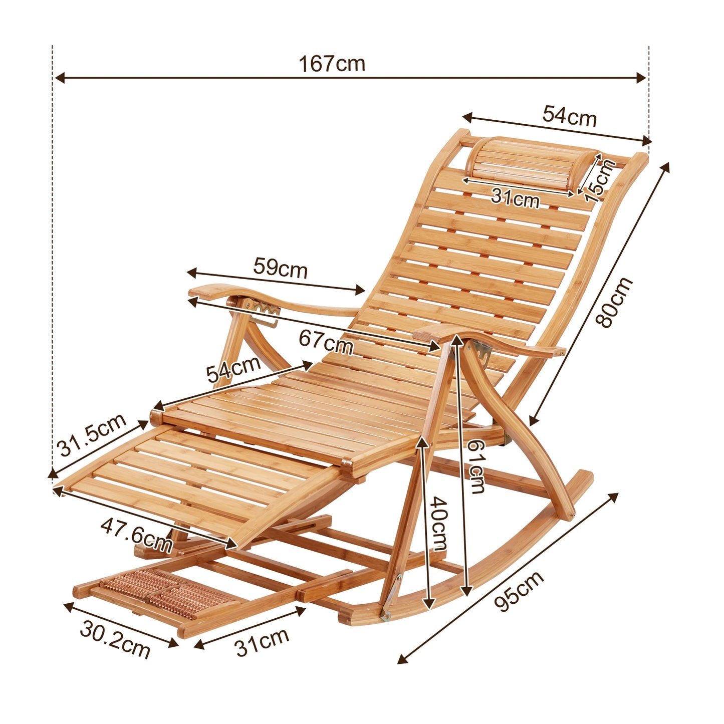Heavy Duty Bamboo Rocking Chair Adjustable Lounge Recliner Outdoor
