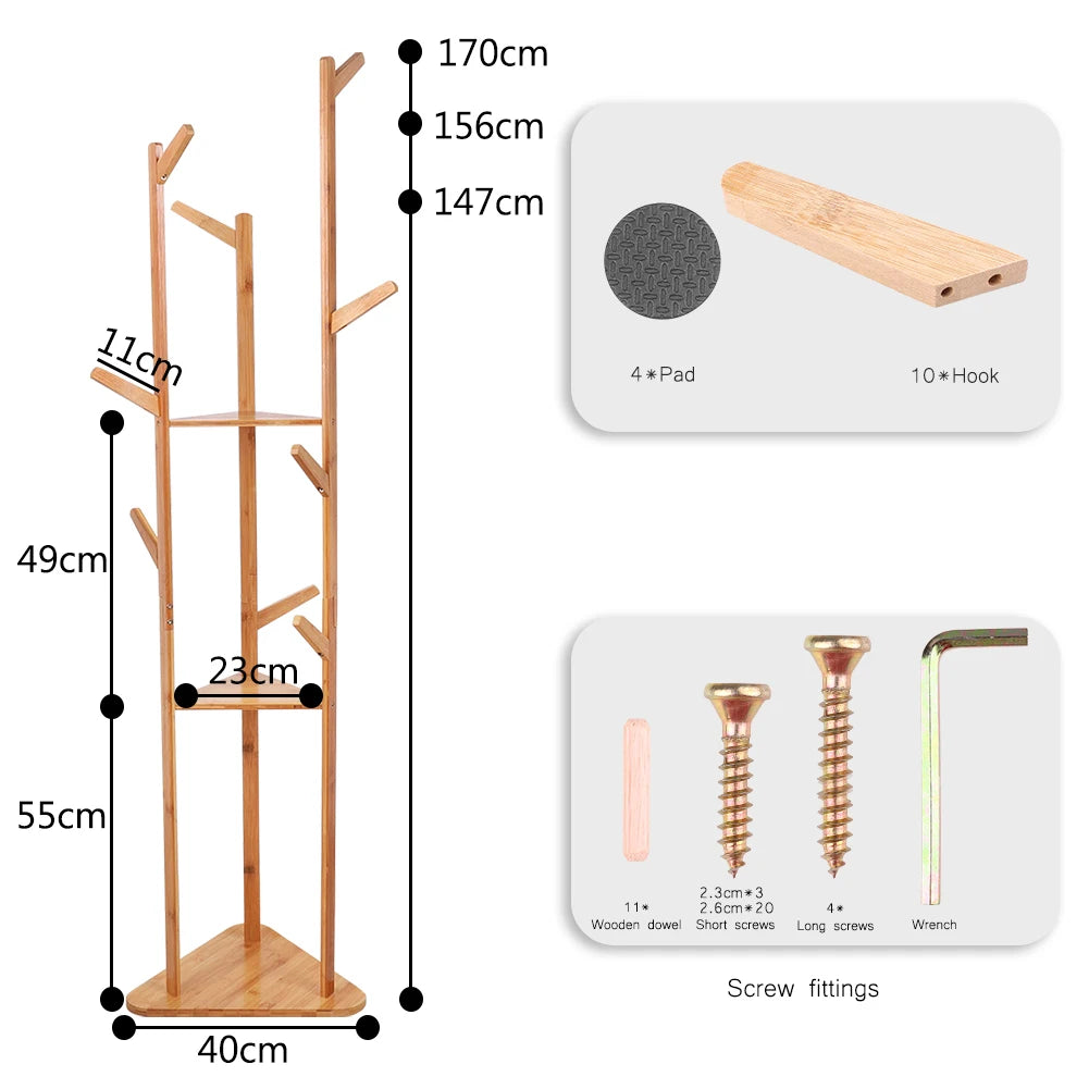 Bamboo Coat Rack Tree with 9 Hooks and 3-Layer Shelf Stand for Home