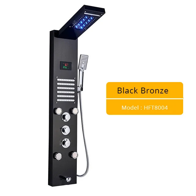 Brushed Nickel LED Shower Panel Wall Mounted Rainfall Digital Screen