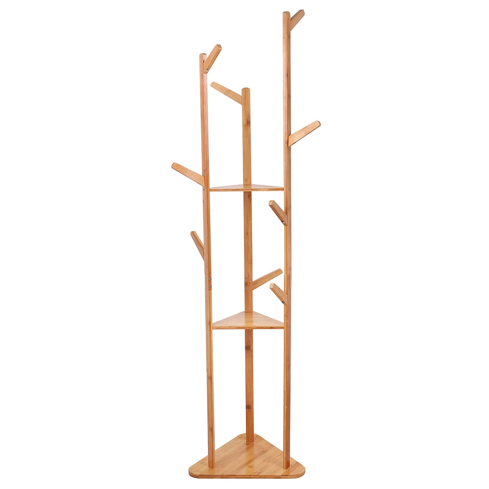 Bamboo Coat Rack Tree with 9 Hooks and 3-Layer Shelf Stand for Home