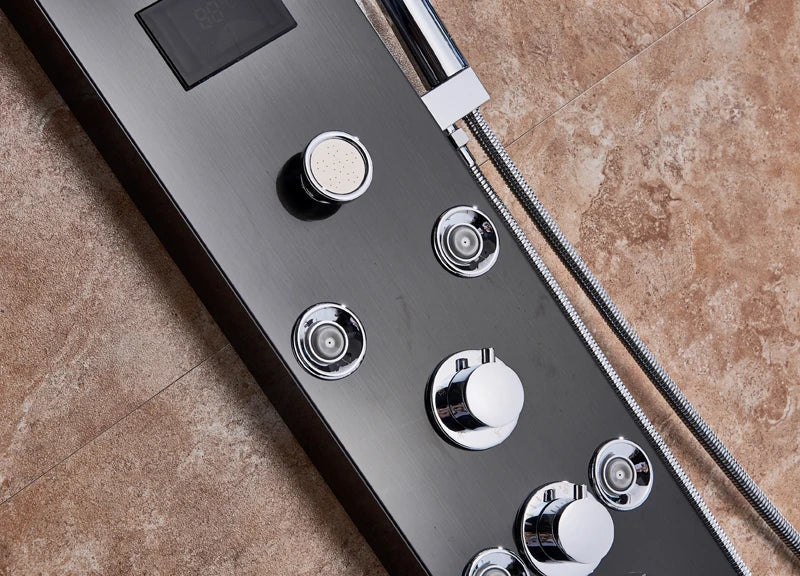 Brushed Nickel LED Shower Panel Wall Mounted Rainfall Digital Screen