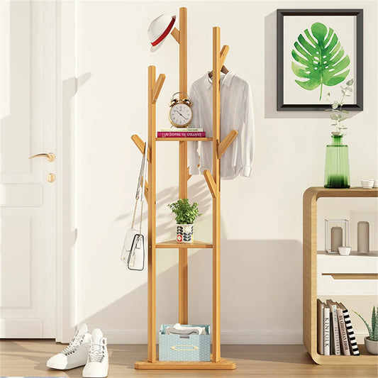 Bamboo Coat Rack Tree with 9 Hooks and 3-Layer Shelf Stand for Home