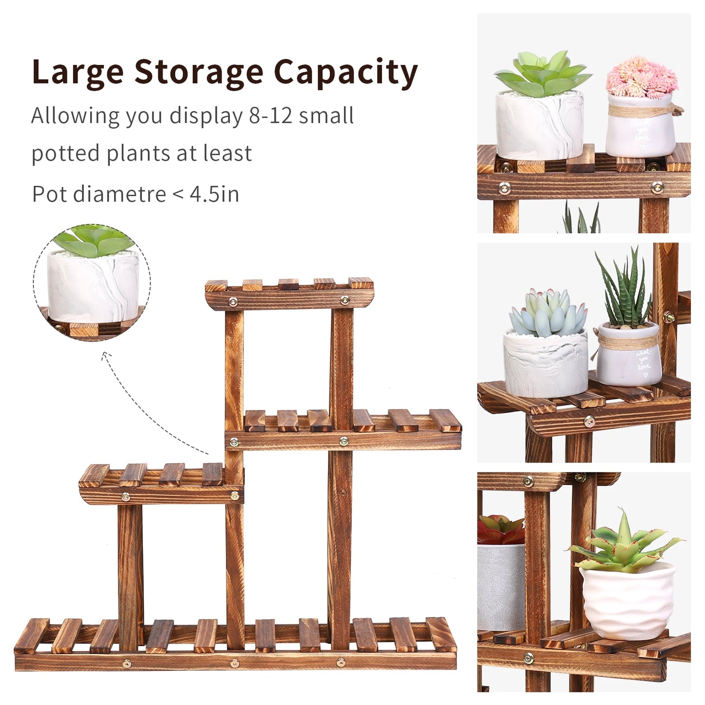 Carbonized Wood Multi Tier Plant Stand for Indoor Outdoor Succulents