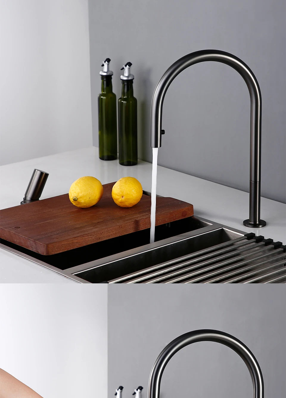 Pull Down Kitchen Sink Faucet Brushed Gunmetal Single Handle Brass Sprayer