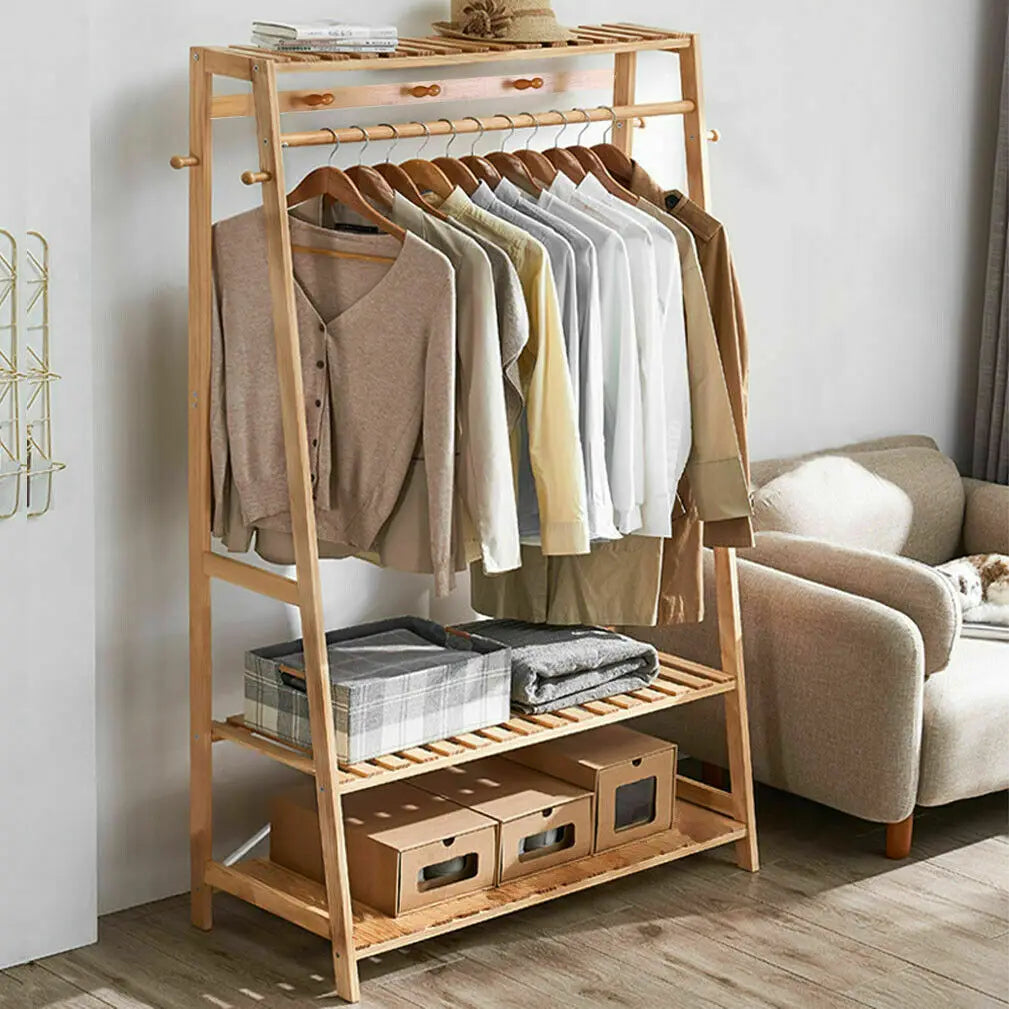 Ljustra Heavy Duty Bamboo Garment Rack with Shelves and Hooks