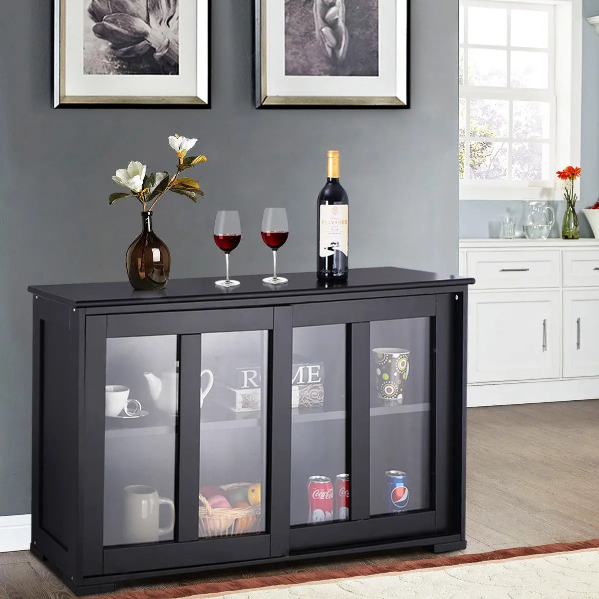 Ljustra Modern Storage Cabinet Sideboard Buffet Glass Sliding Door Pantry