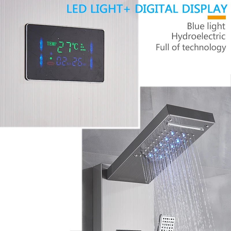 Brushed Nickel LED Shower Panel Wall Mounted Rainfall Digital Screen