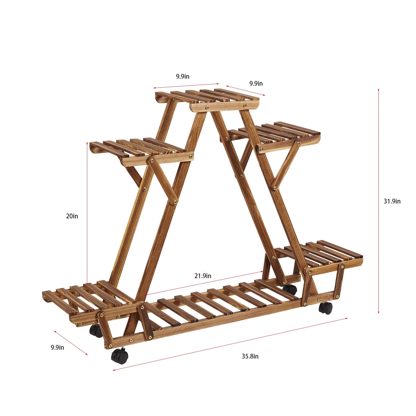 Triangular Plant Shelf with Wheels 6-Tier Carbonized Wood Display Rack
