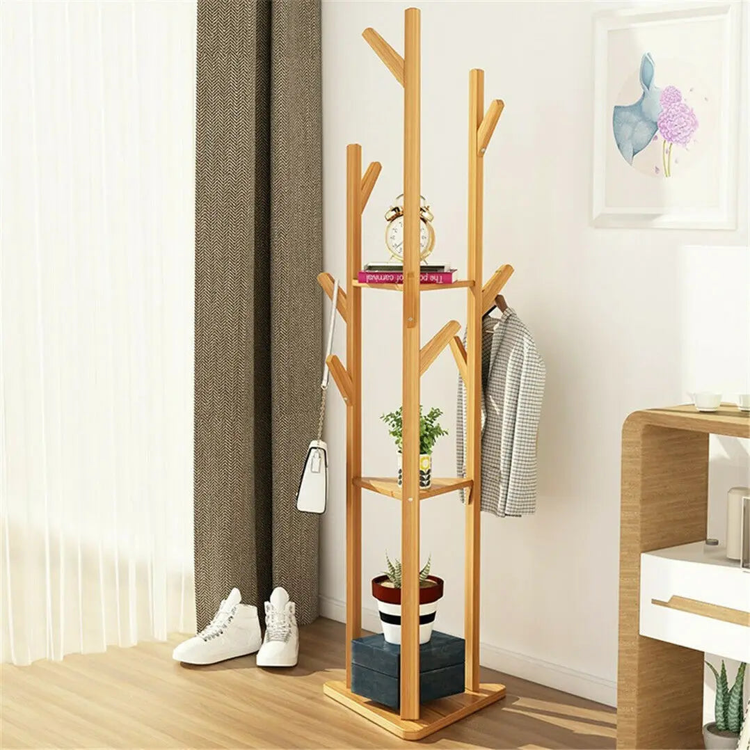 Bamboo Coat Rack Tree with 9 Hooks and 3-Layer Shelf Stand for Home