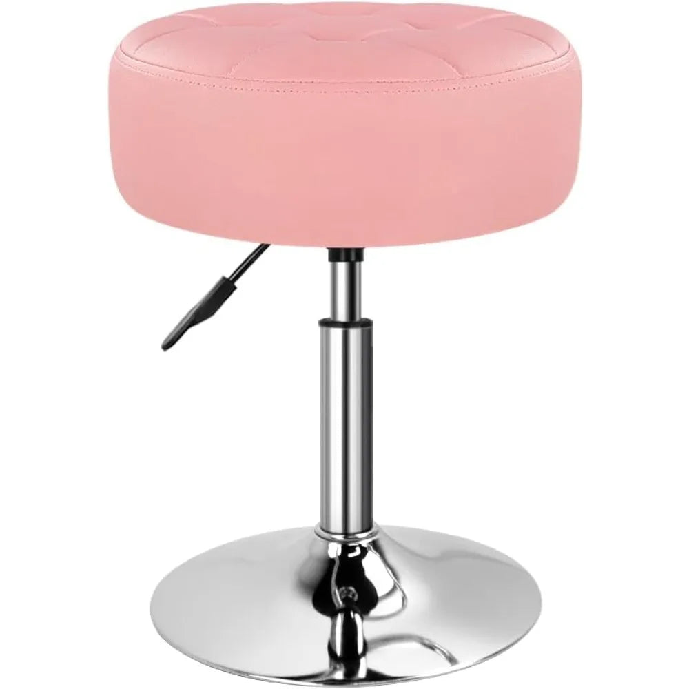 Pink Thickened Vanity Stool Round PU Leather Swivel Adjustable Makeup Chair