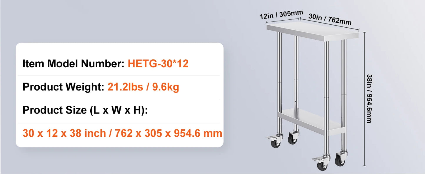 Heavy Duty Stainless Steel Work Table with Wheels Adjustable Height