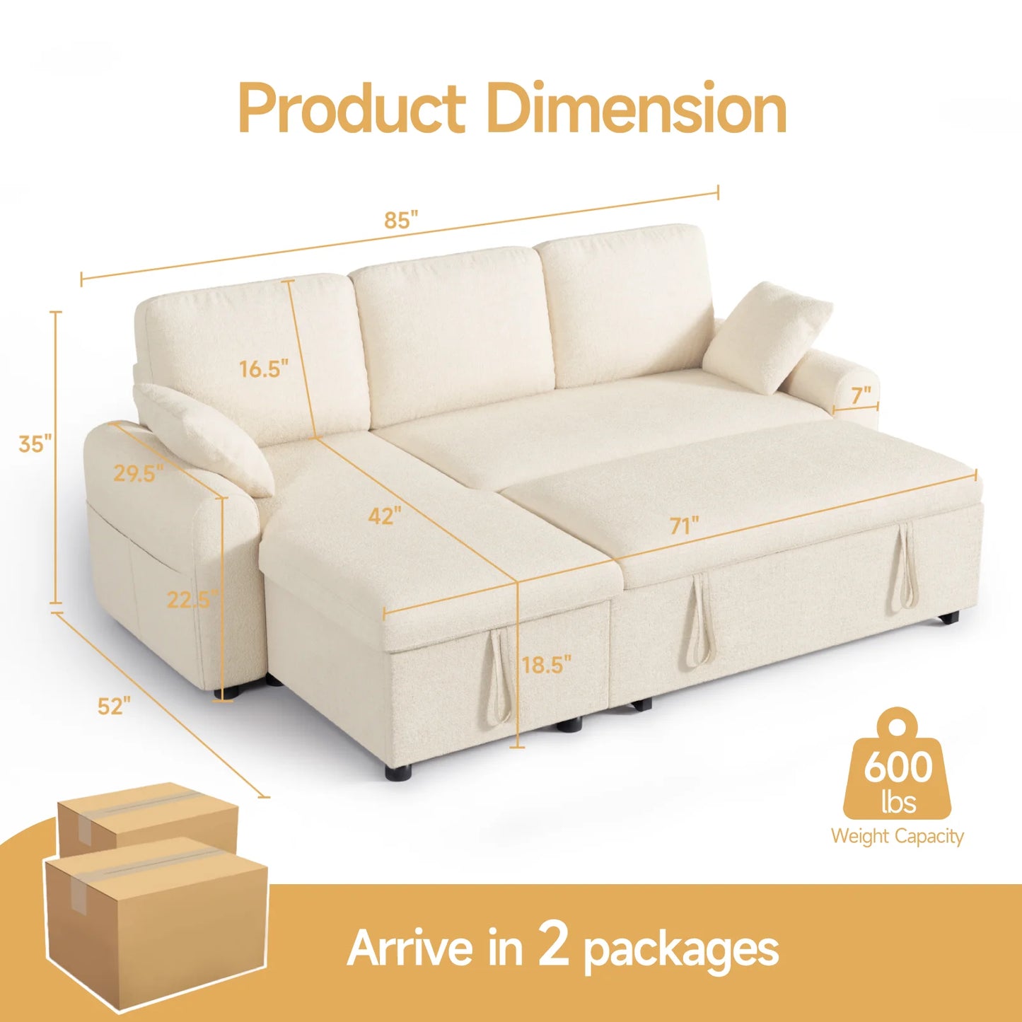 Ljustra L Shaped Sleeper Sofa Pull Out Couch Bed with Storage Chaise