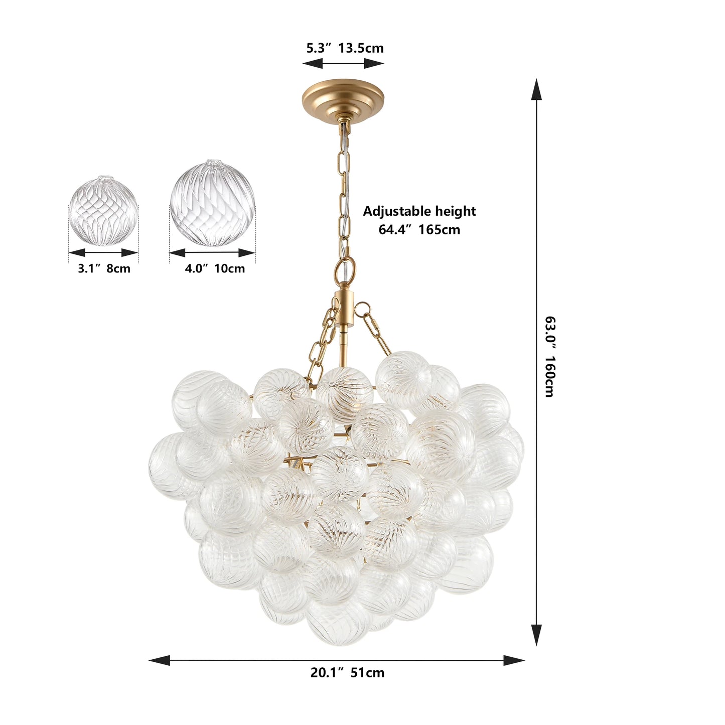 20 Inch Gold Pendant Light Chandelier Adjustable Height Clear Glass Shade
