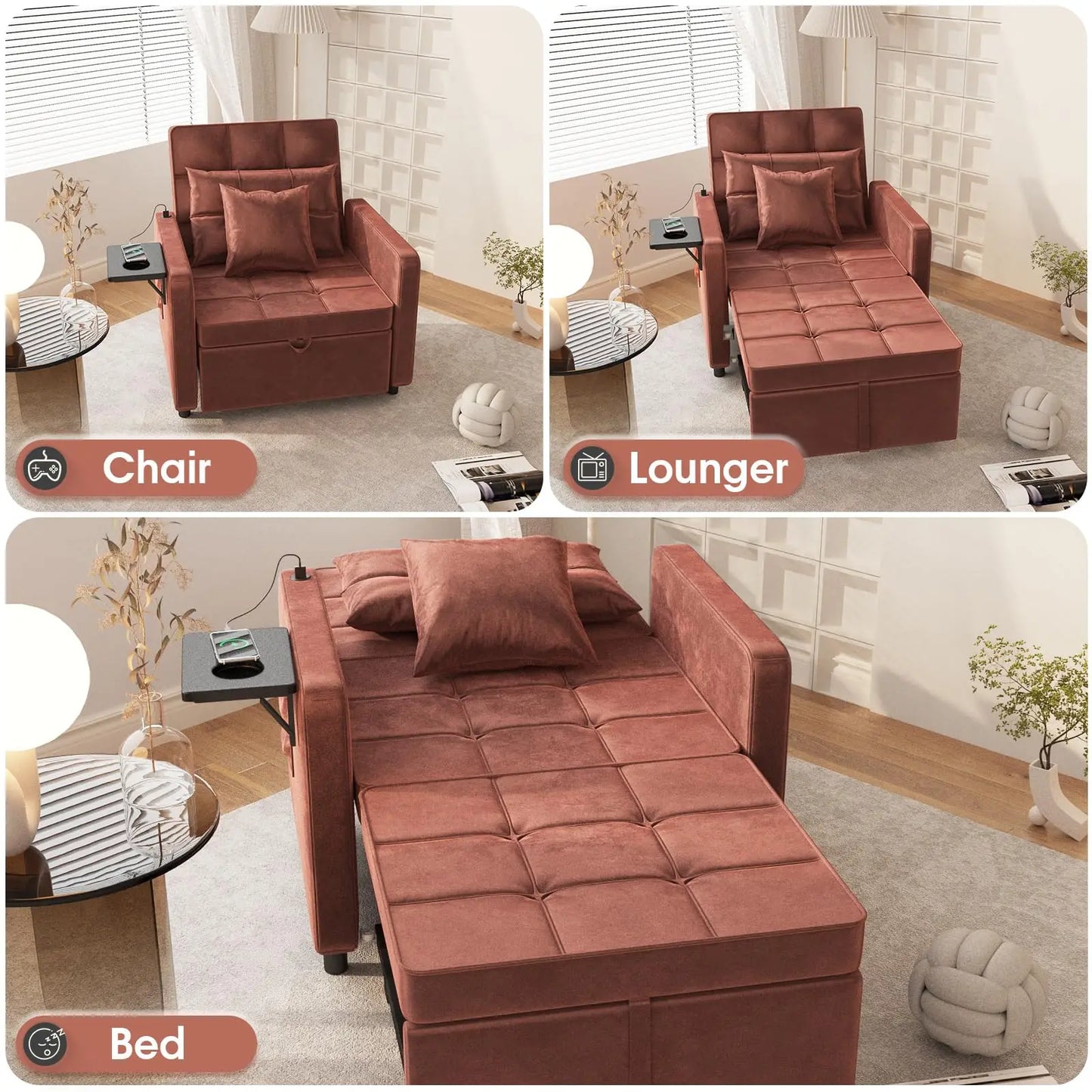 Ljustra Velvet Chaise Lounge Chair with USB Ports 3-in-1 Sofa Bed