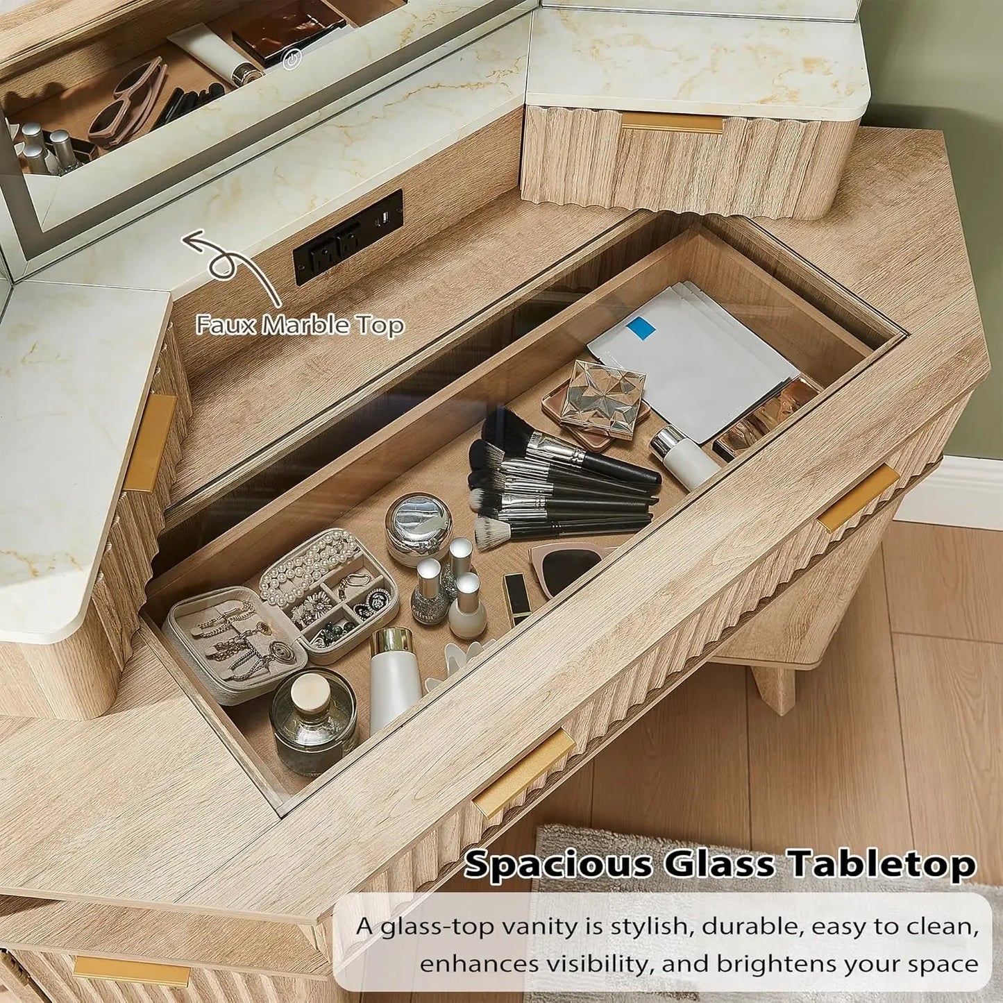 Fluted Makeup Vanity Desk with 3 Way Mirror and Lights 48 Inch