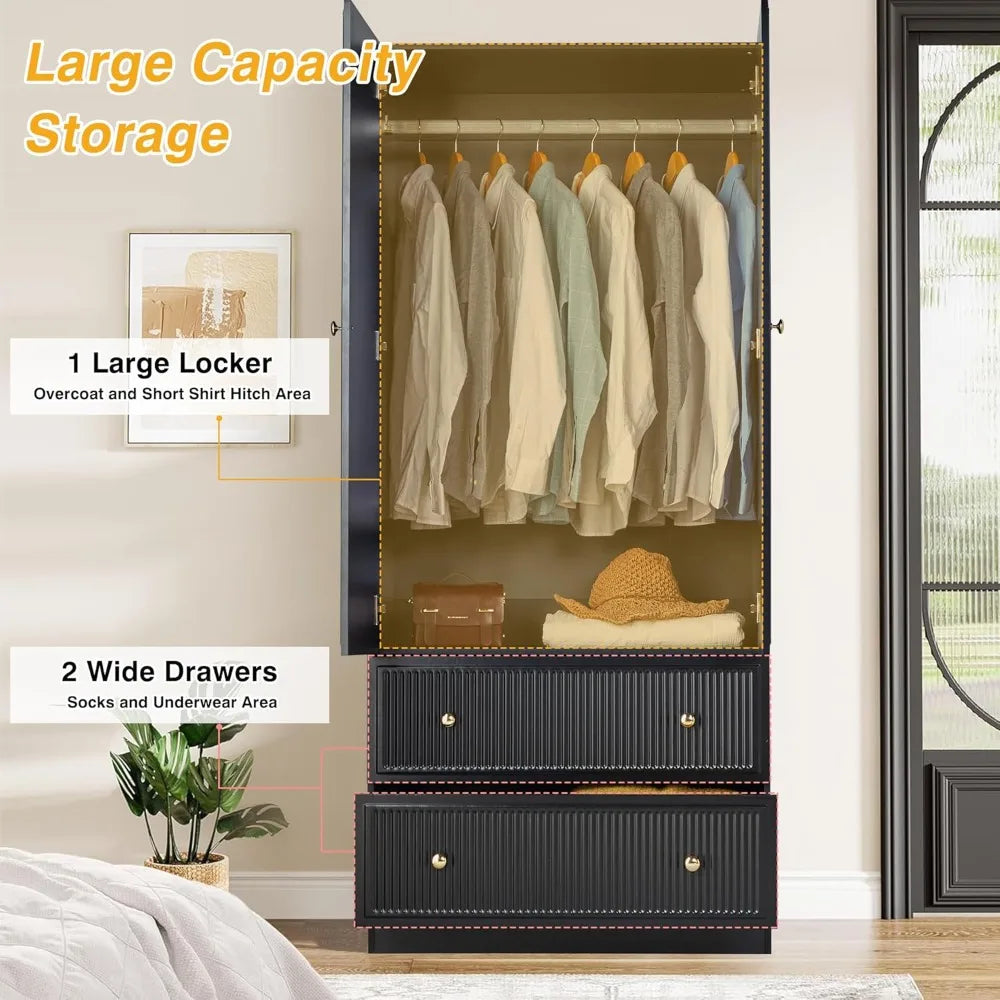 Large Wooden Freestanding Armoire Double Doors Storage Drawers Wardrobe