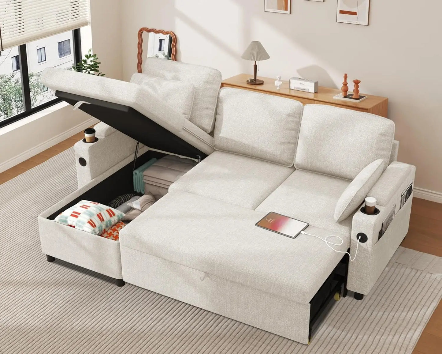 Ljustra Sofa Bed Sleeper Couch with Chaise Storage USB Cup Holder