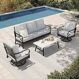 4-Piece Patio Furniture Set Rattan Rocking Chairs Sofa Marble Table