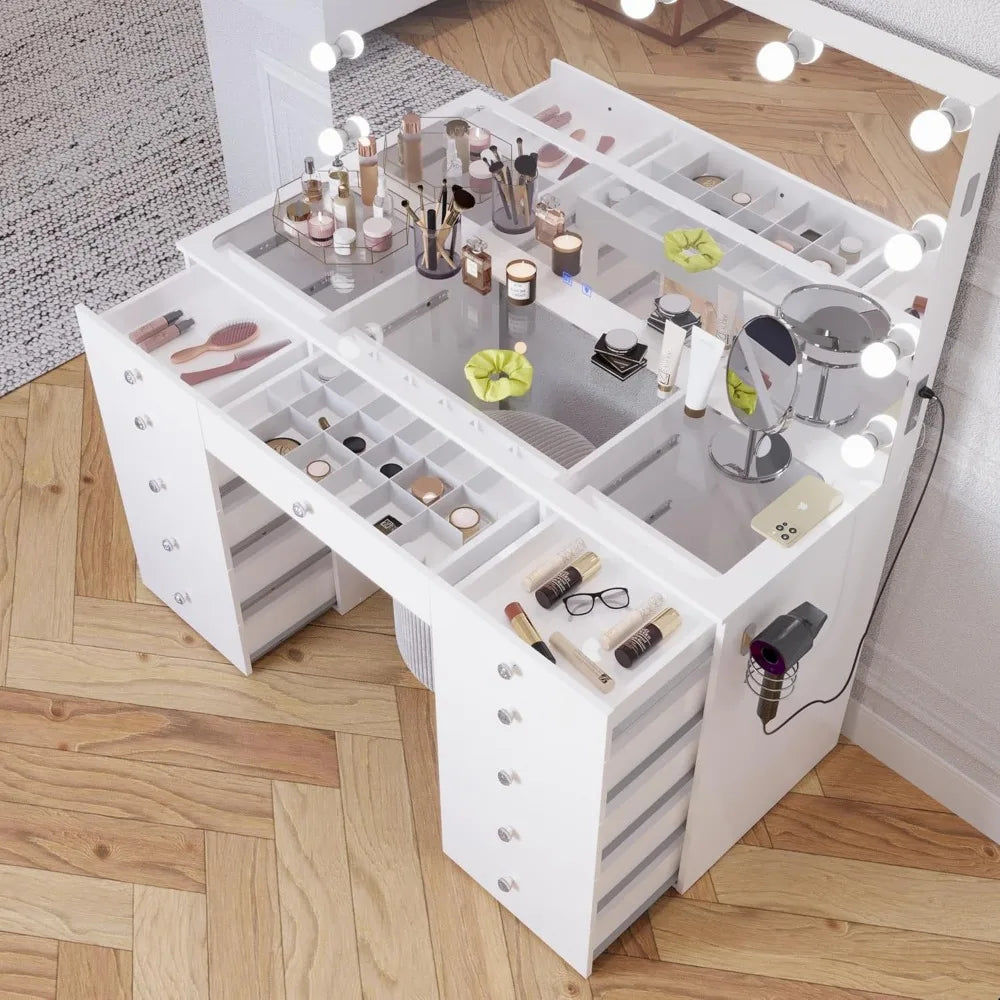 elle white makeup vanity desk with bluetooth speaker and hollywood lights
