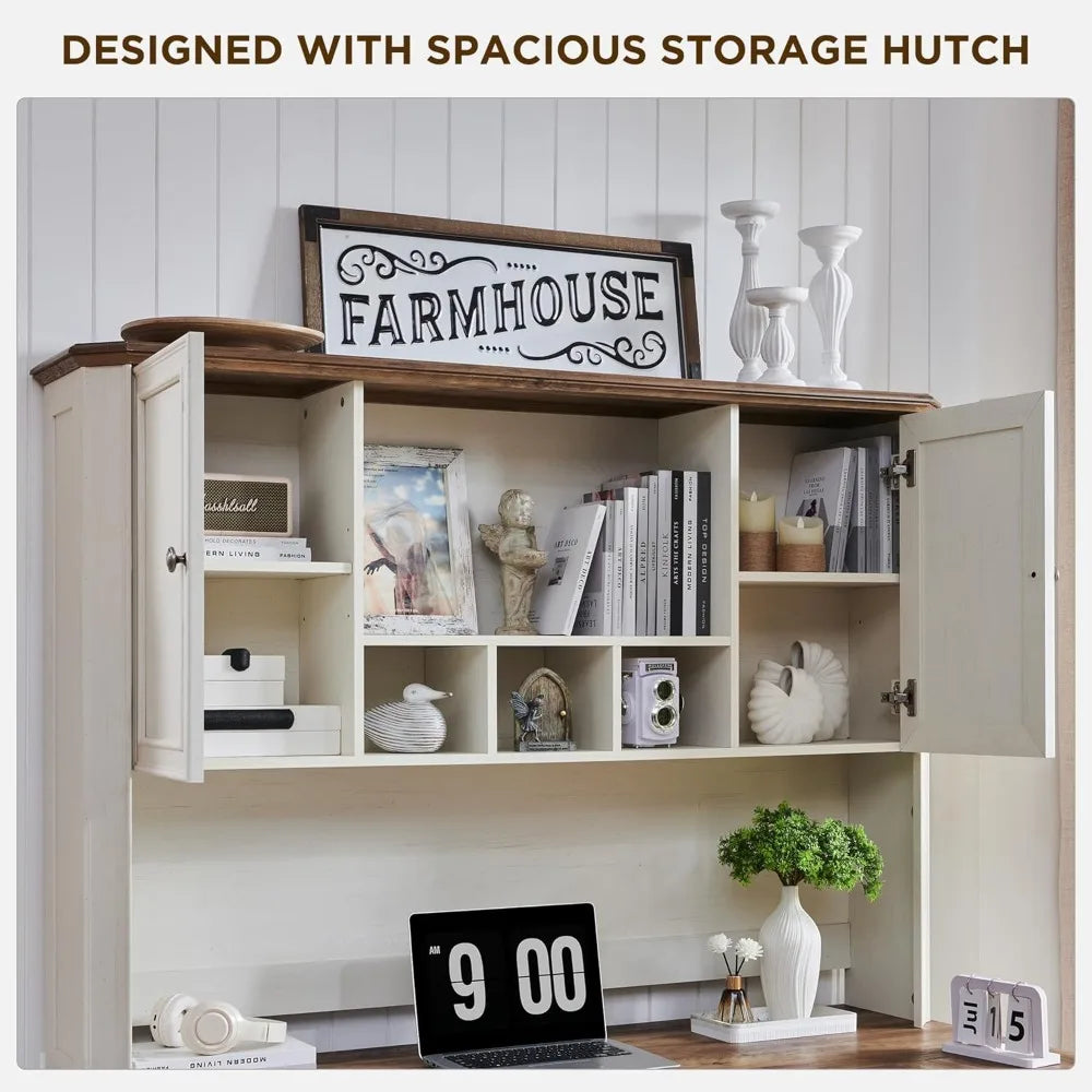 Farmhouse Executive Desk with Hutch Keyboard Tray Charging Station 59"