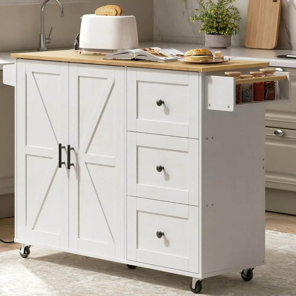 Kitchen Island with Power Outlet Rolling Cart Storage 3 Drawers Adjustable