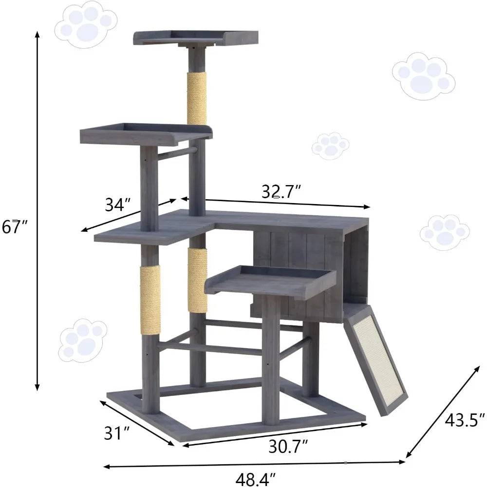 Ljustra Outdoor Cat Tree 67" Weatherproof Wood Tower with Condo Perches