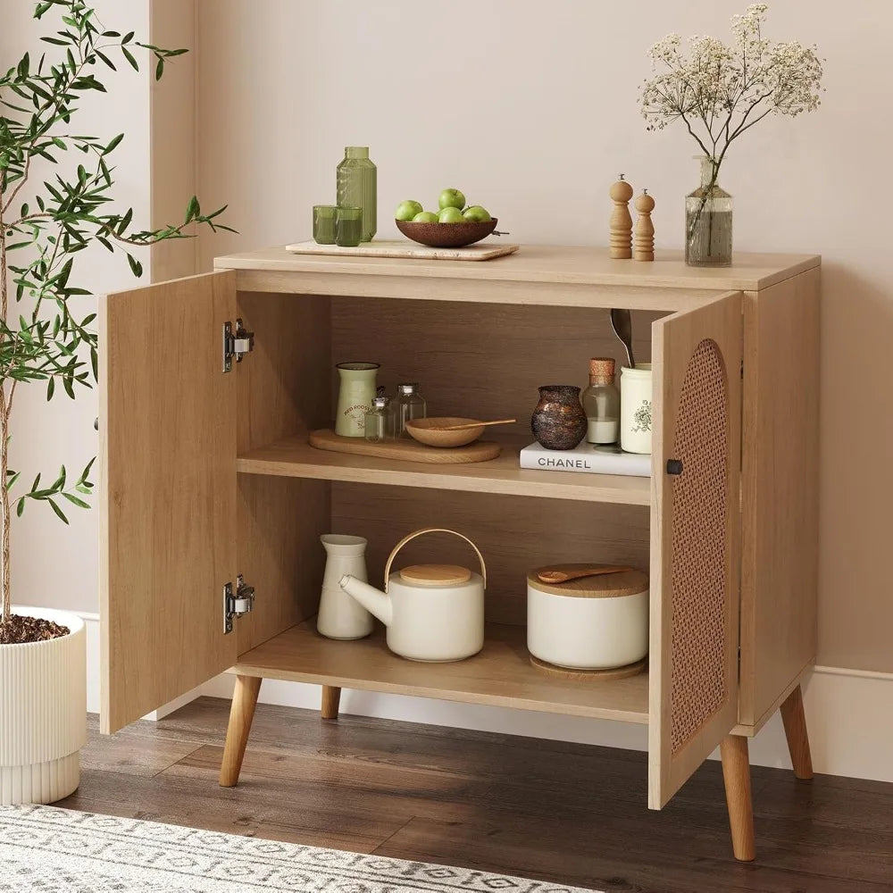 Storage Cabinet Rattan Doors Oak Buffet Sideboard Adjustable Shelf