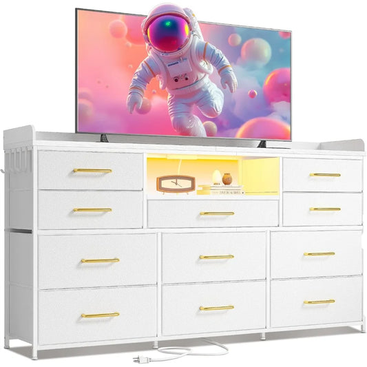 Dresser with 11 Drawers LED Lights Charging Station TV Stand for Bedroom