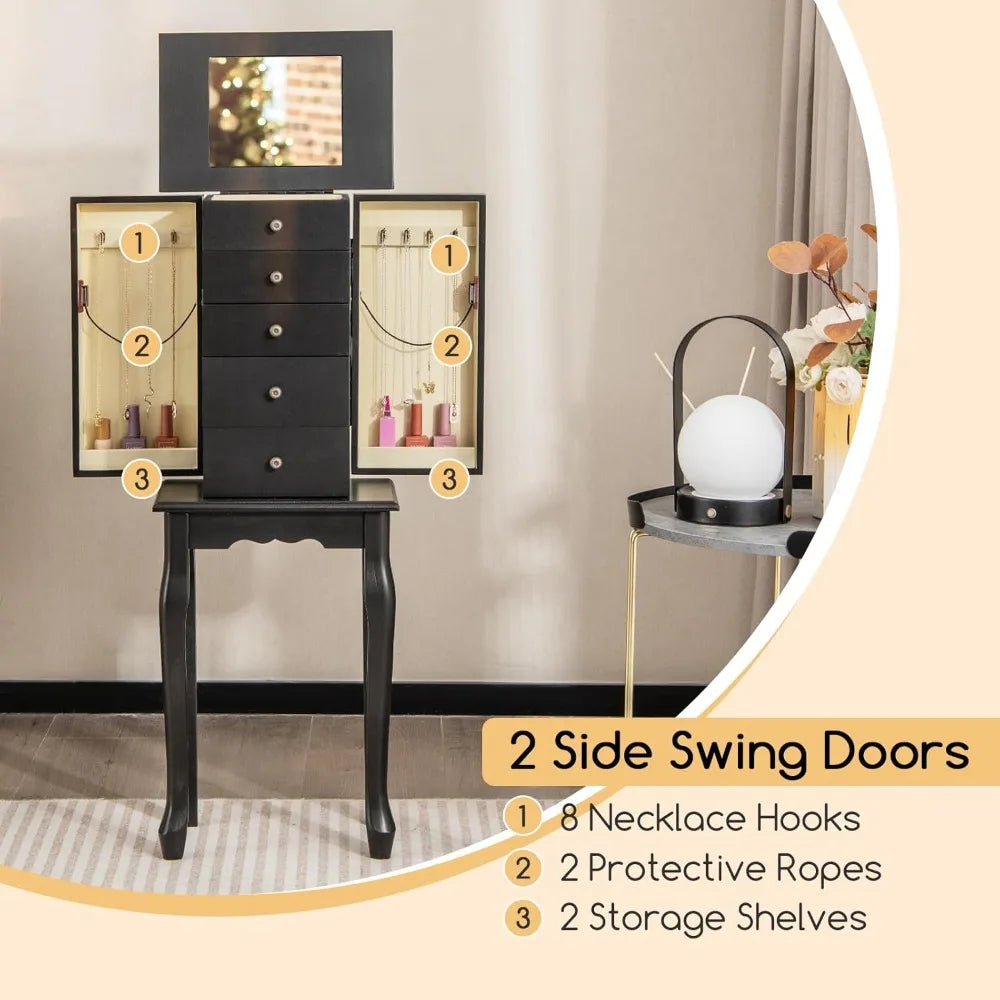Jewelry Cabinet Armoire Chest with 4 Drawers Flip Top Mirror Hooks