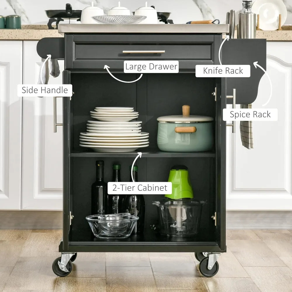 Kitchen Island on Wheels Rolling Cart with Stainless Steel Countertop