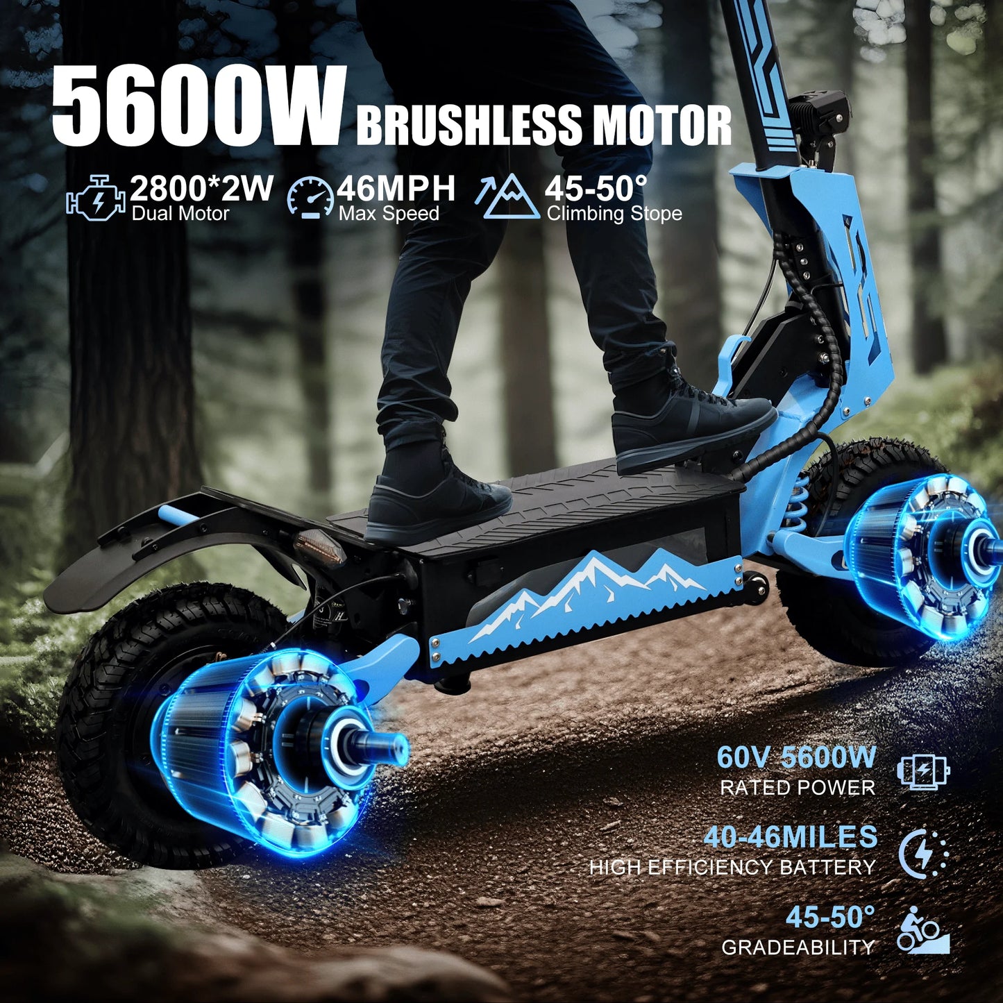 Ljustra GT08 Electric Scooter 5600W Dual Motor 46MPH 46Miles Off-Road