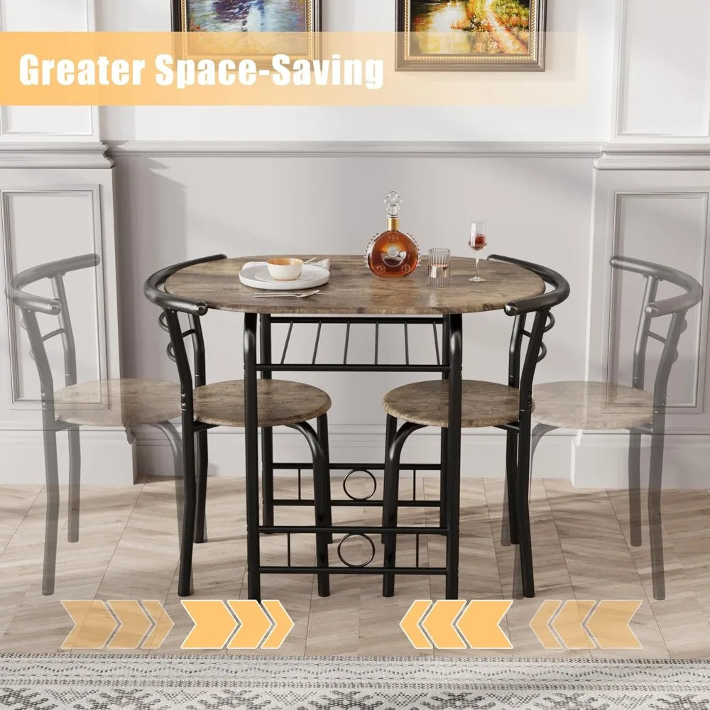 3-Piece Wooden Round Table and Chair Set Space Saving Kitchen Nook