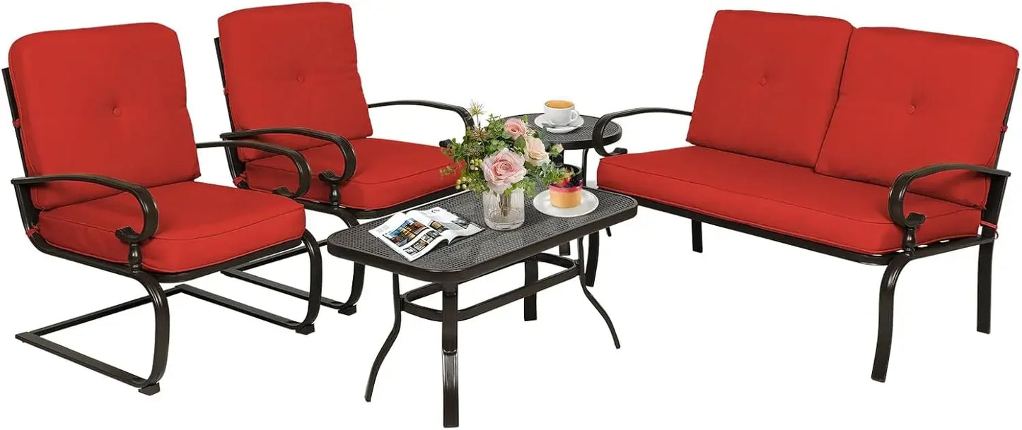 5 Piece Metal Outdoor Furniture Set Wrought Iron Patio Chairs Cushions