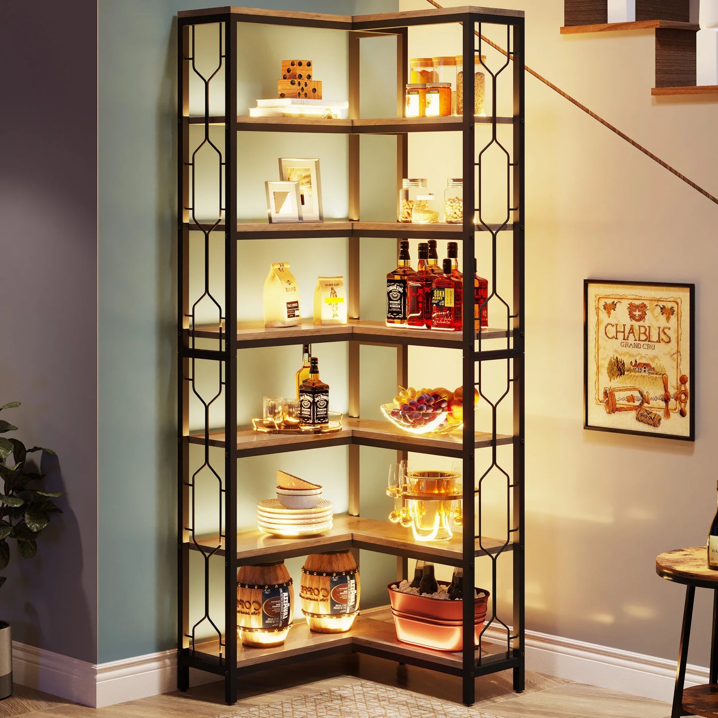 Ljustra 7-Tier Industrial Corner Shelf Wood Metal Bookcase Display Unit