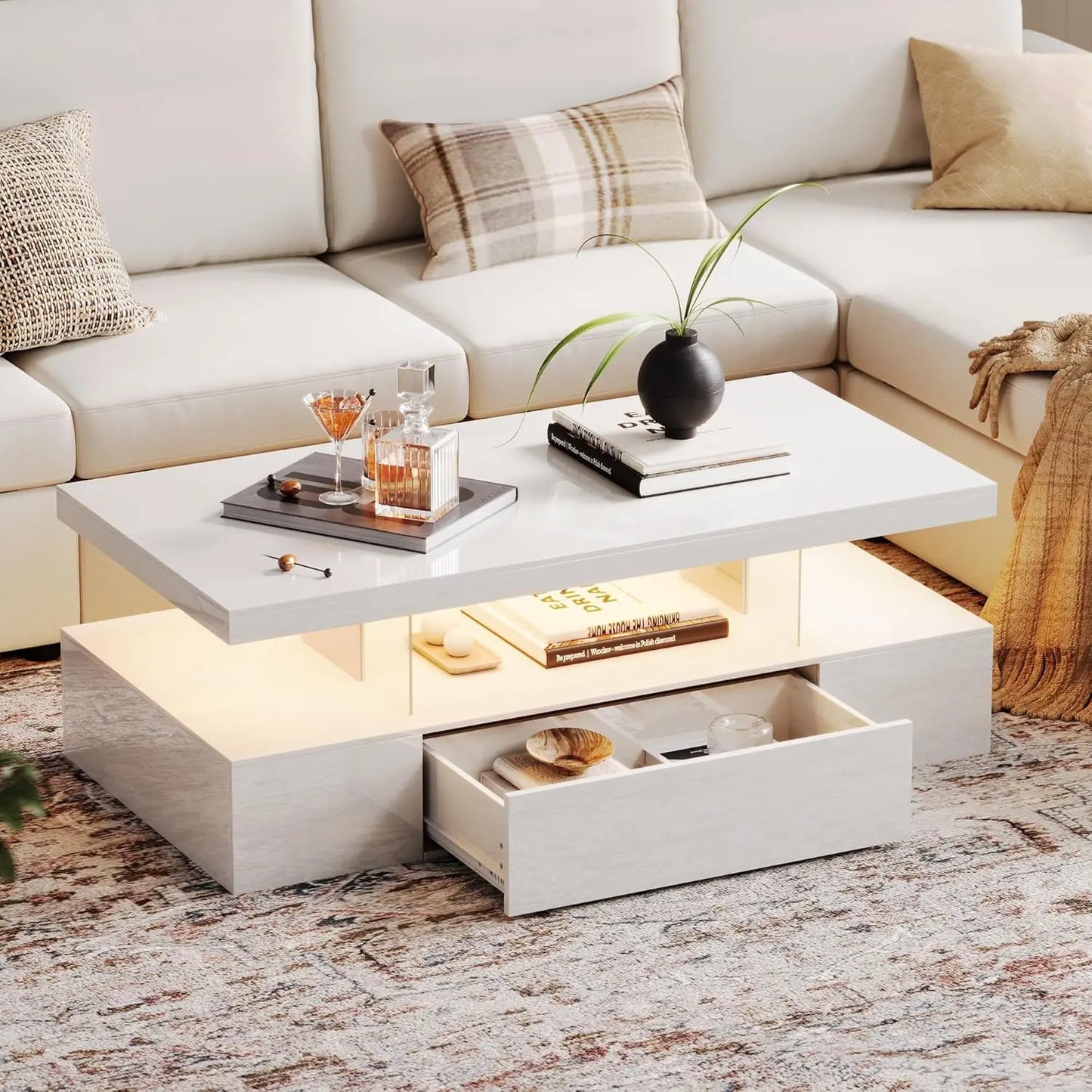 Modern LED Coffee Table High Gloss Storage Drawer Living Room Bedroom