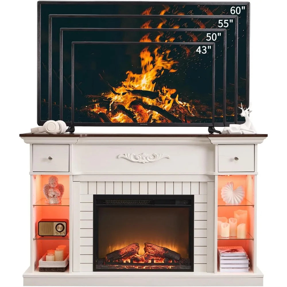 54 Inch Farmhouse Electric Fireplace TV Stand with LED Lighting Colors