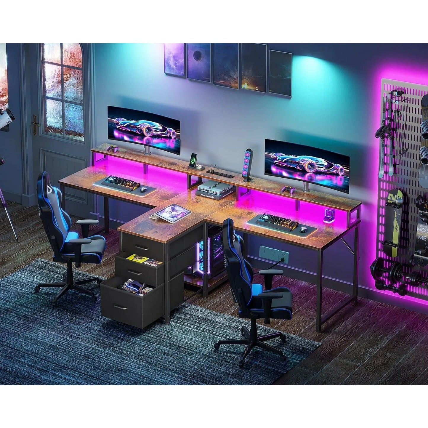 94 Inch Computer Desk for 2 with LED Light Power Outlet Storage