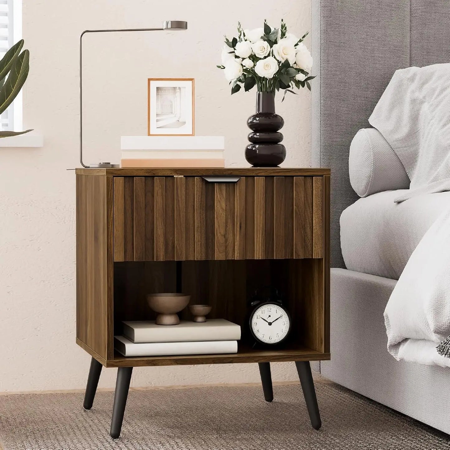 Walnut Mid Century Nightstand with 2 Drawers Modern Bedside Table