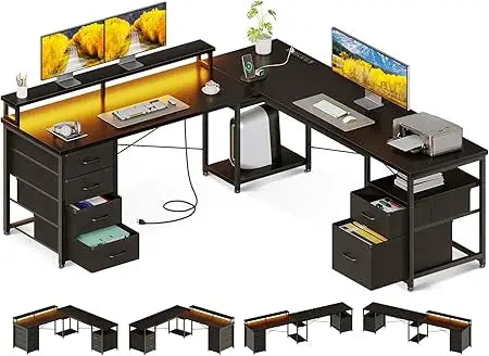 66 Inch L Shaped Computer Desk Reversible Home Office Desk with Drawers LED Light