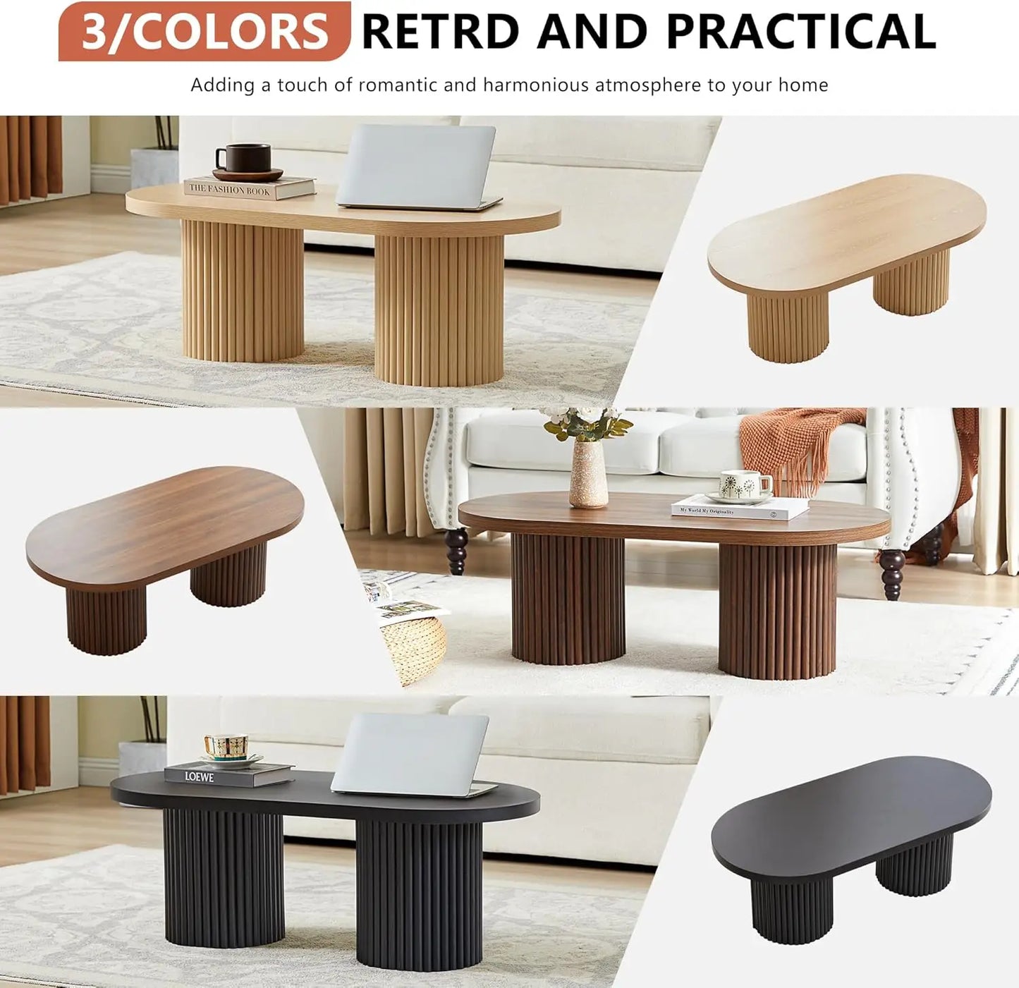 Oval Fluted Coffee Table Mid Century Modern Wooden Center Table Living Room