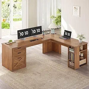 Farmhouse L Shaped Desk with 3 Drawers and Charging Station for Home Office