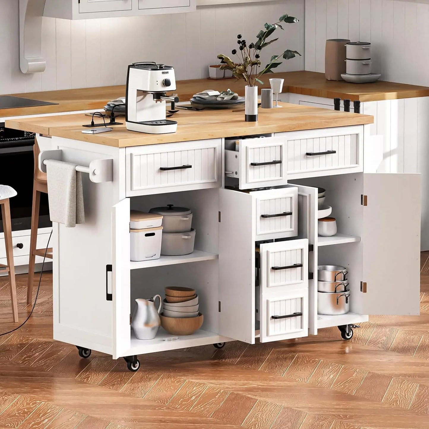Kitchen Island with Drop Leaf Power Outlet Storage on Wheels