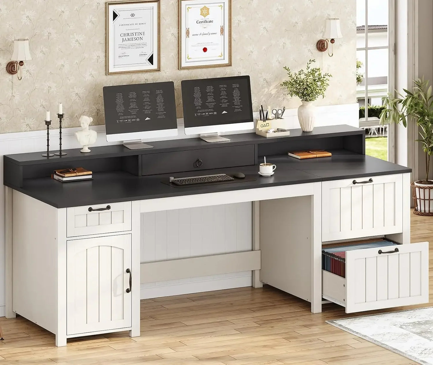 Farmhouse Executive Desk with File Drawer and Monitor Stand for Home Office