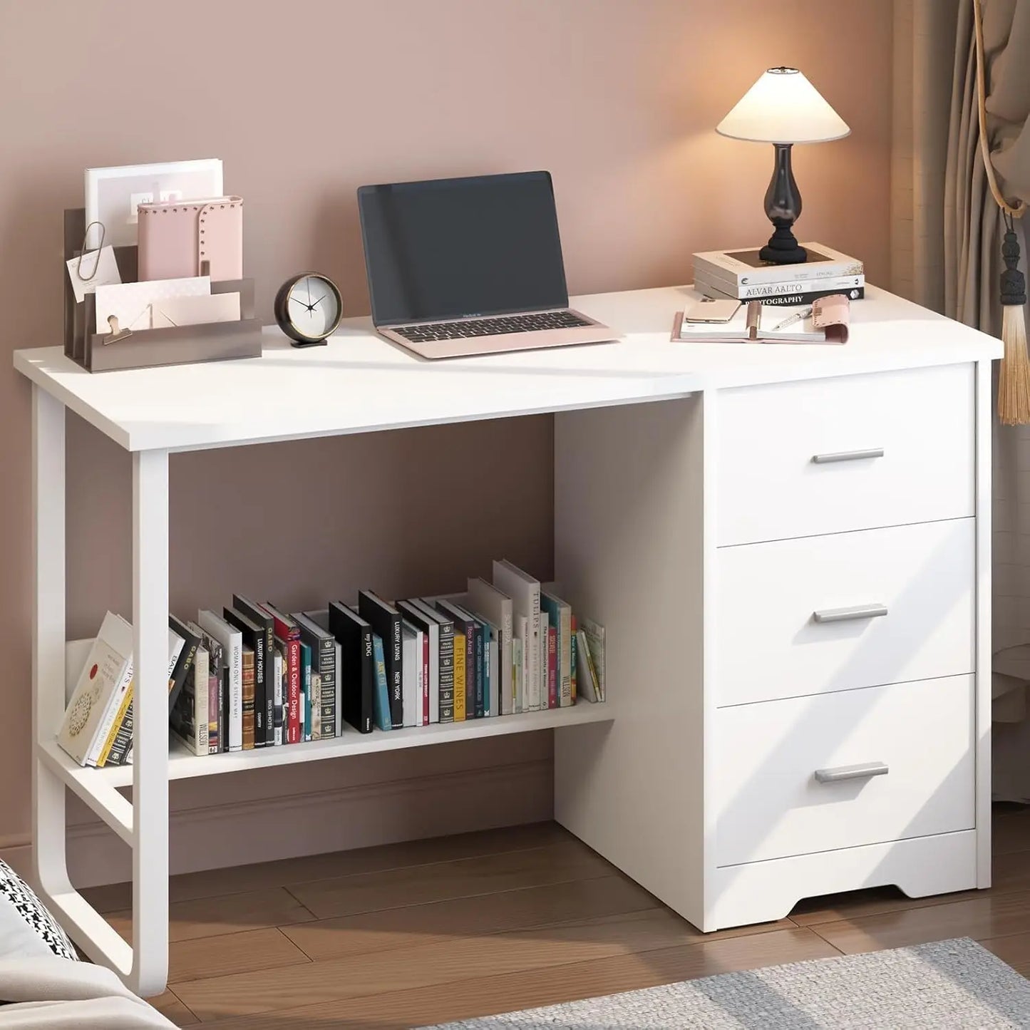 Small Modern Desk with 3 Drawers for Home Office and Bedroom Storage