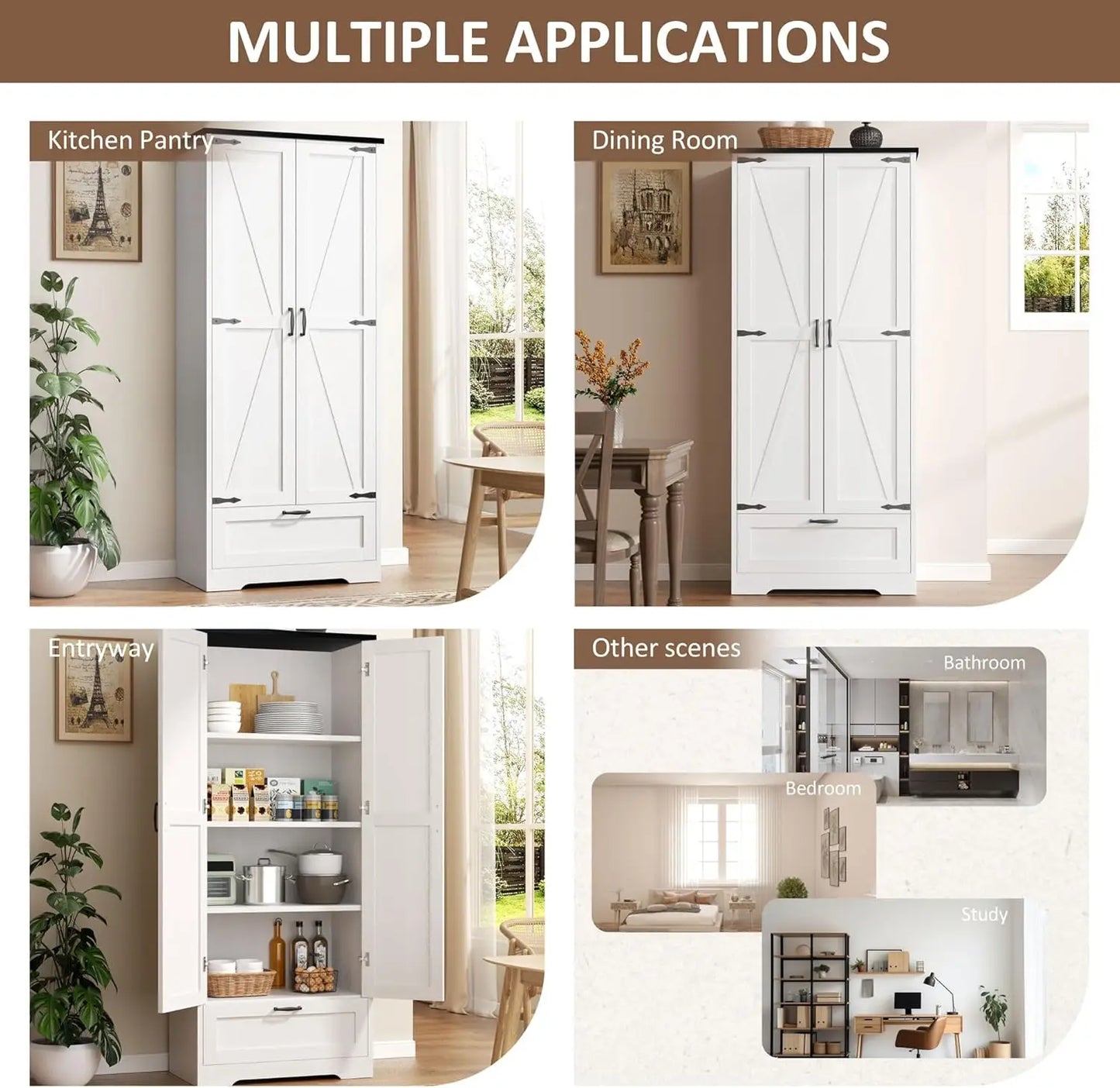 Kitchen Pantry Storage Cabinet with Barn Doors Adjustable Shelves