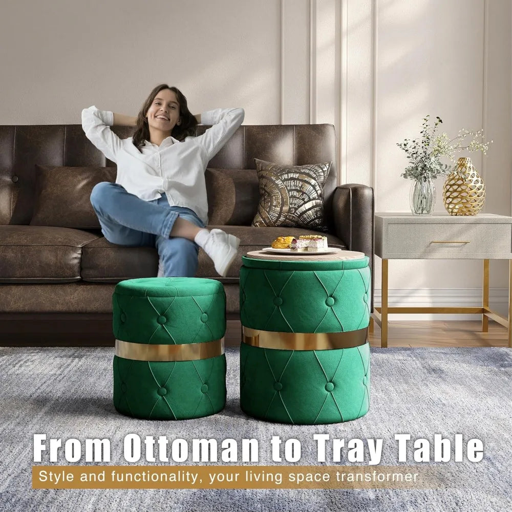 Round Storage Ottoman Set of 2 Velvet Stool Fully Assembled for Home Office