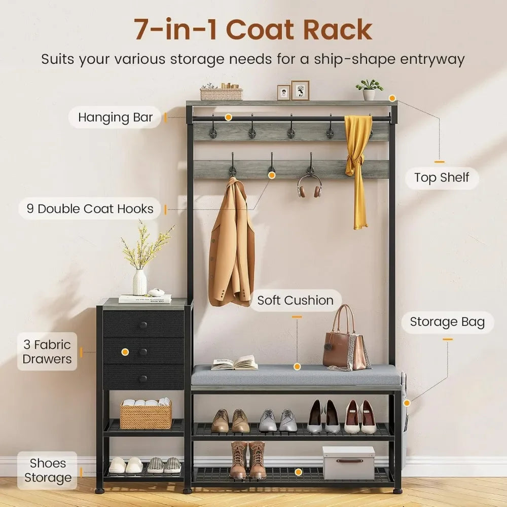 7-in-1 Entryway Bench Coat Rack with Storage Cushion and Drawers
